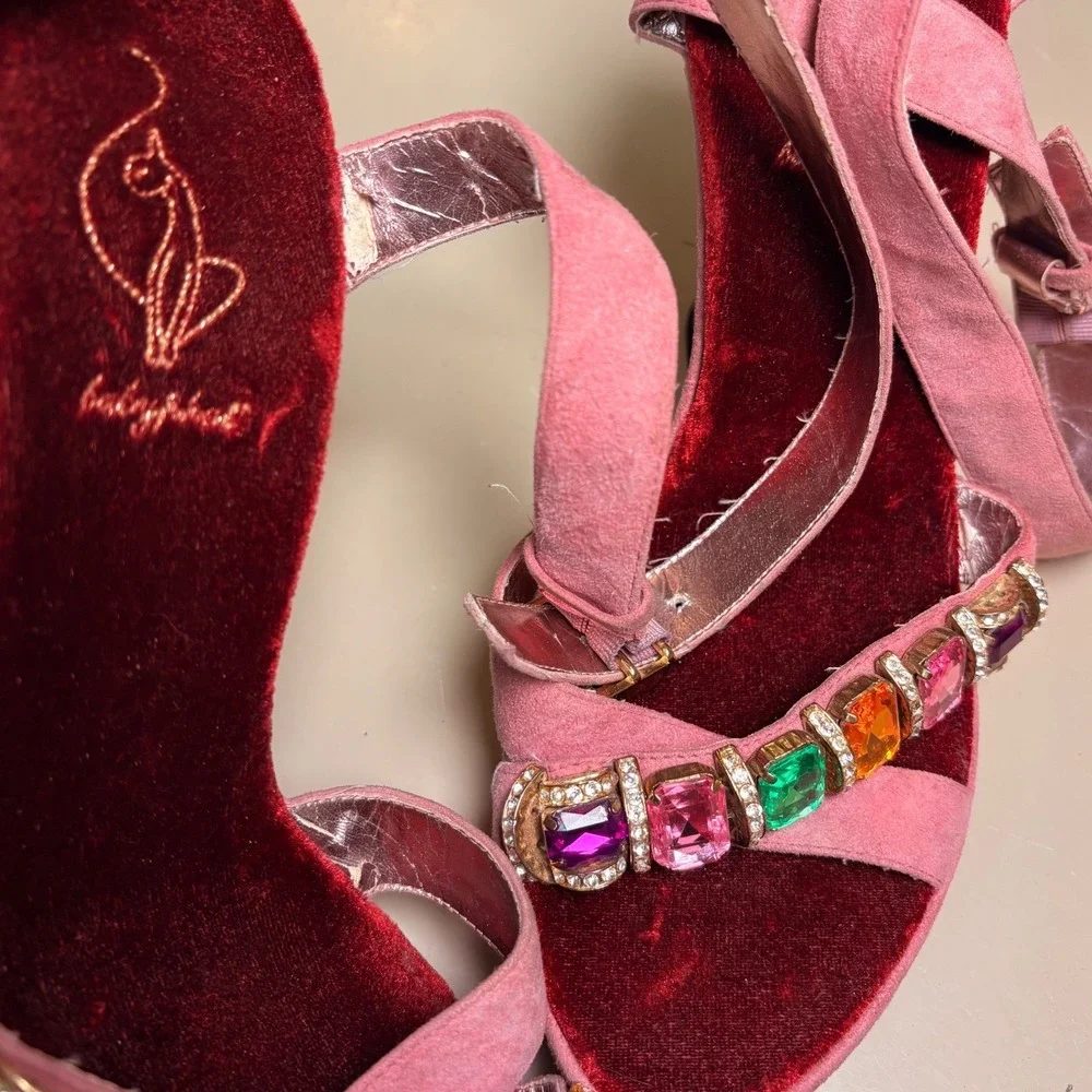 Y2K Rare Grail Baby Phat Pink Suede Wedge Sandals Gemstone Embroidered Heels
